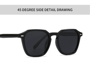 45 degree side detail of black round sunglasses with silver rivets and polished frame