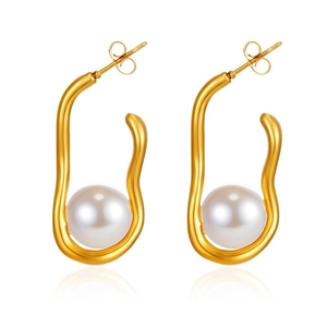 Elegant 18K gold plated oval earrings with large pearls and irregular curves