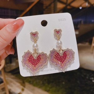S925 silver heart drop earrings with colorful gradient rhinestones and white pearl