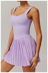 Detailed view of the lavender tennis dress featuring high-elastic pleated skirt texture