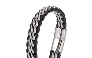 Detailed macro shot of black woven leather strap with polished silver metal chain link