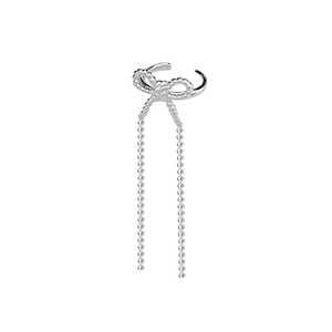 Elegant silver bow ear cuff with hanging bead tassels in a minimalist fashion style