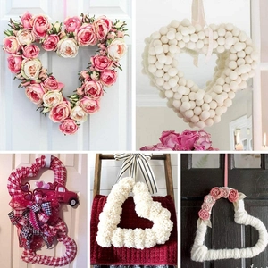DIY heart-shaped metal wreath frames with assorted fabric and wool ball decorations