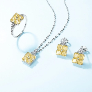 S925 silver jewelry set with yellow radiant cut crystals including ring and necklace