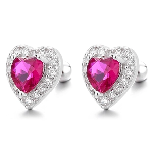 S925 sterling silver heart-shaped stud earrings with rose red zircon and pavé detail