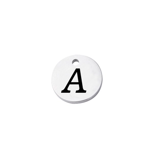Polished silver stainless steel round pendant with engraved black letter A for DIY jewelry