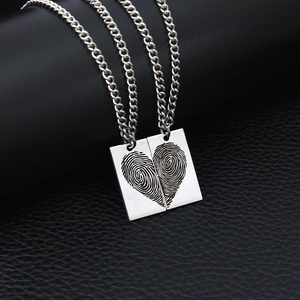 Polished stainless steel square pendant necklaces with fingerprint heart on black leather