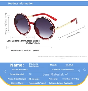 Detailed dimension chart showing red flower-shaped kids sunglasses with UV protection