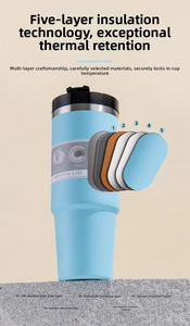 Detail of 304 stainless steel tumbler showing five-layer vacuum insulation technology