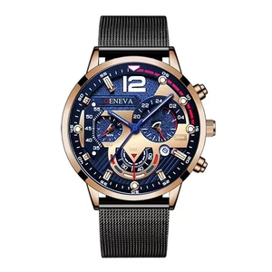 Men's quartz chronograph watch with blue dial, gold case, and black mesh steel band