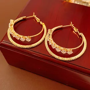 18K gold plated double hoop earrings with five rhombic cubic zirconia crystals