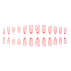 French almond press-on nails featuring red hearts and pink white gradient tips, 24pc set
