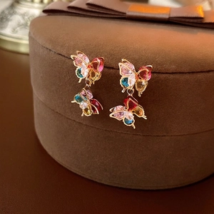 Bunte Zirkon Schmetterling Hängeohrringe Mit Silber Ohrstecker Elegante Doppelschicht Süßer Schmuck Für Damen