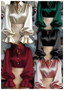 Collage con vari colori di eleganti camicie in raso da donna con maniche a sbuffo