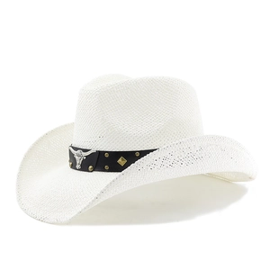 Classic white woven western cowboy hat with silver bull head buckle and leather band