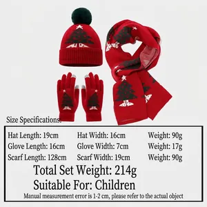 Kinder Winterset mit roter Strickmütze, Schal und Handschuhen mit Tannenbaum-Motiv