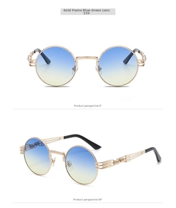 Detail view of gold steampunk sunglasses with blue-yellow gradient lenses and carved temples