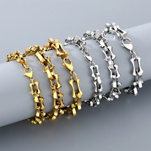 Hip hop hollow bamboo link bracelets in gold and silver stainless steel for men and women