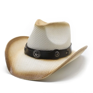 Ethno-Western-Cowboy-Strohhut mit braunem Farbverlauf und Lederband mit Sternverzierung