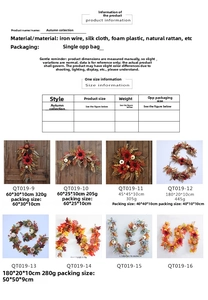 Size chart for autumn maple leaf wreaths and garlands with detailed dimensions and weights