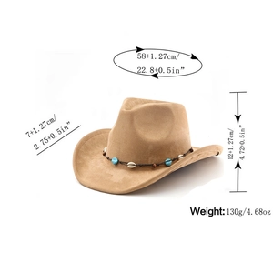 Dimensions détaillées du chapeau western en daim marron clair avec bandeau bohème perlé