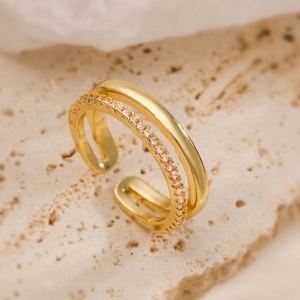 Fashion Copper 18K Gold Plated Zirconia Double Layer Open Ring Simple Heart Adjustable Finger Ring For Women Jewelry Gift