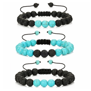 Handmade Natural Stone Beaded Bracelet Lava Rock Turquoise Tiger Eye Adjustable Woven Rope Unisex Jewelry