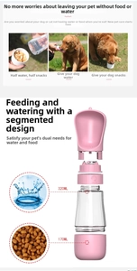 Detail showing 320ml water and 170ml food compartments of the pink pet water bottle