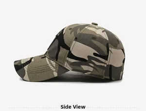 Side view showing woodland camouflage baseball cap with breathable eyelets and curved brim