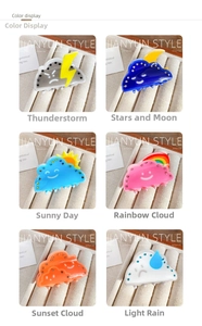 Detail view of six weather-themed acrylic hair claws with sparkling rhinestones and cloud shapes