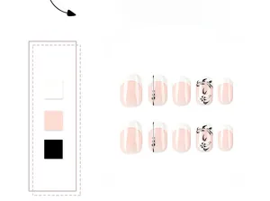 Detail of short square press on nails with white French tips and black floral art