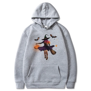 Halloween Hoodie Polyester Fleece Long Sleeve Witch Pumpkin Print Drawstring Pullover Casual Party Men