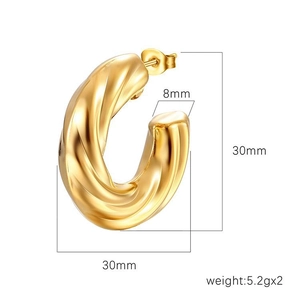 18K gold plated twisted hollow C-hoop earrings with 30mm diameter and 8mm thickness
