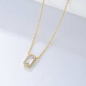 Elegant S925 silver necklace with a rectangular zircon pendant in golden finish