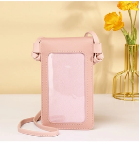 Pink PU leather crossbody bag featuring a transparent touch screen window for phones