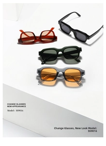 Close-up of square Y2K sunglasses in multiple colors on a geometric background