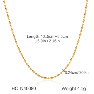 Detail shot of golden stainless steel ball chain with dimensions and weight specs
