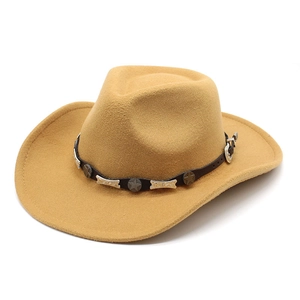 Detailed top view of wool felt cowboy hat with leather band and metal star studs