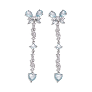 Luxury butterfly heart drop earrings with light blue zircons and silver tassels