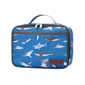 Blue Oxford lunch bag with shark print featuring double zippers and leather logo label