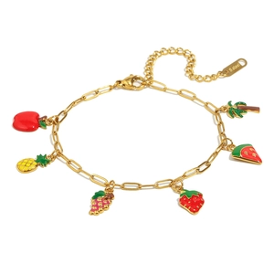 Bracelet en acier inoxydable doré 18K avec breloques émaillées en forme de fruits et palmiers