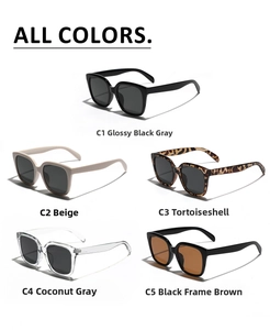 Group display of square oversized sunglasses in five colors including black and tortoiseshell
