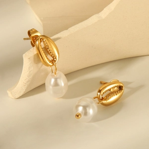 Gold stainless steel scallop earrings with white freshwater pearl pendants for women