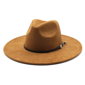 Brown suede fedora hat for women with wide brim and decorative metal buckle belt