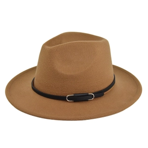 Close-up of brown wool felt fedora with a slim black band and silver metal buckle detail