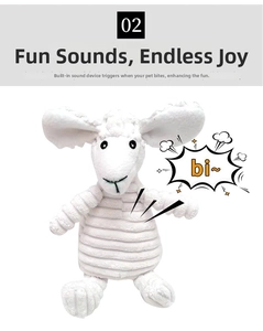 Detailed view of white plush sheep dog toy featuring built-in internal squeaker