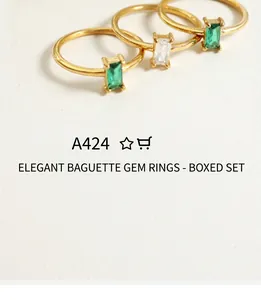 Détail de bagues minimalistes plaquées or 18 carats avec pierres de coupe émeraude