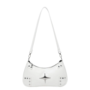 Minimalist white PU leather underarm bag with silver star decor and rivets for women