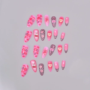 24pcs almond press-on nails with red lips, cherries, and bow tie 3D art design
