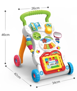 Detailed size guide of baby walker showing 46cm height and 34cm base length dimensions
